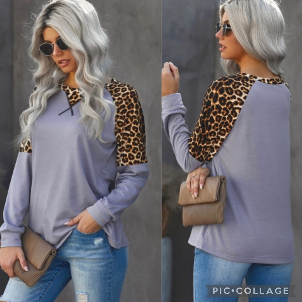 GRAY Leopard Stitching Long Sleeve Top